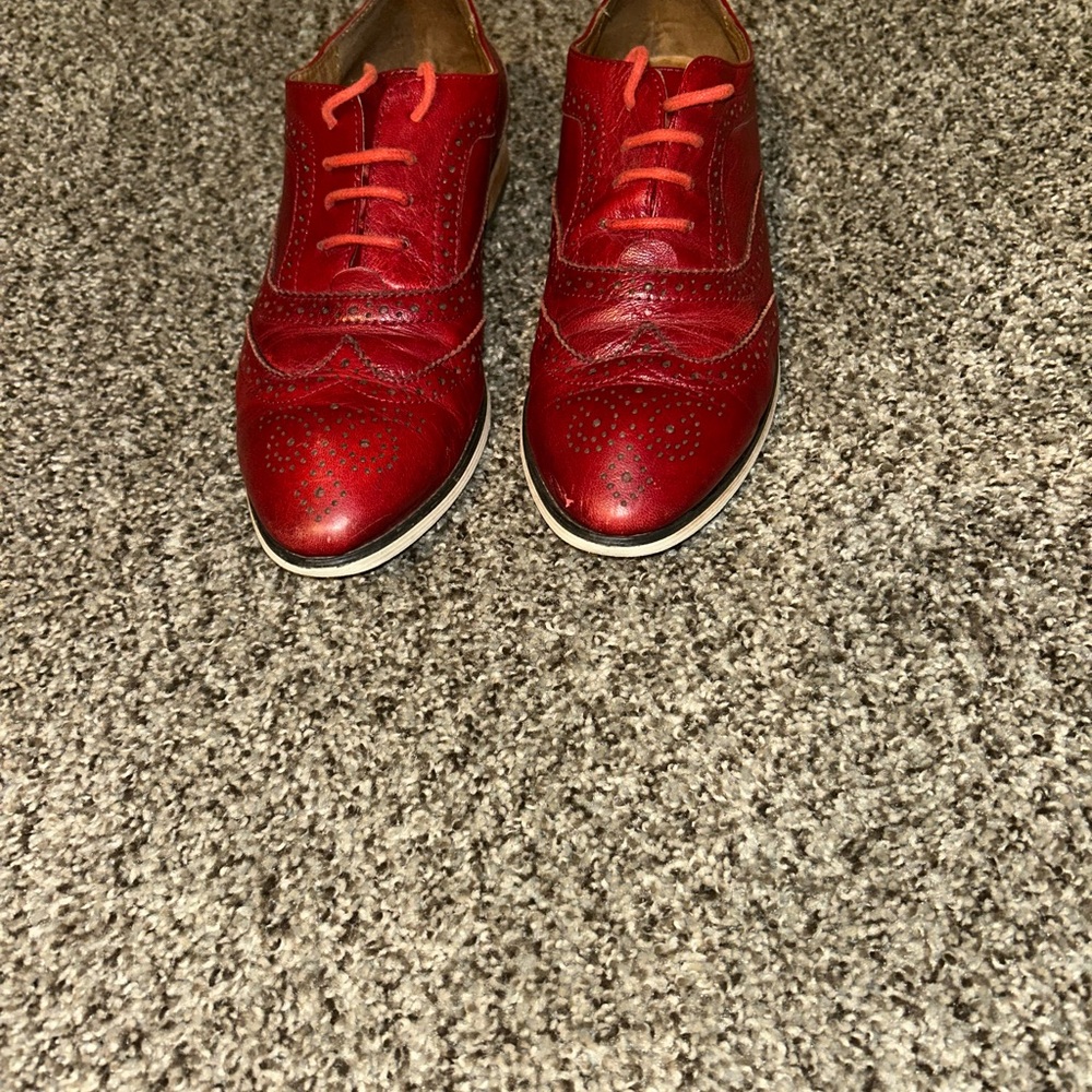 Red Leather Flats with Wingtip Design